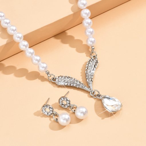 Jewelry set Korean style personality imitation pearl necklace and earrings suite Women's temperament bride formal dress accessories - Image 2