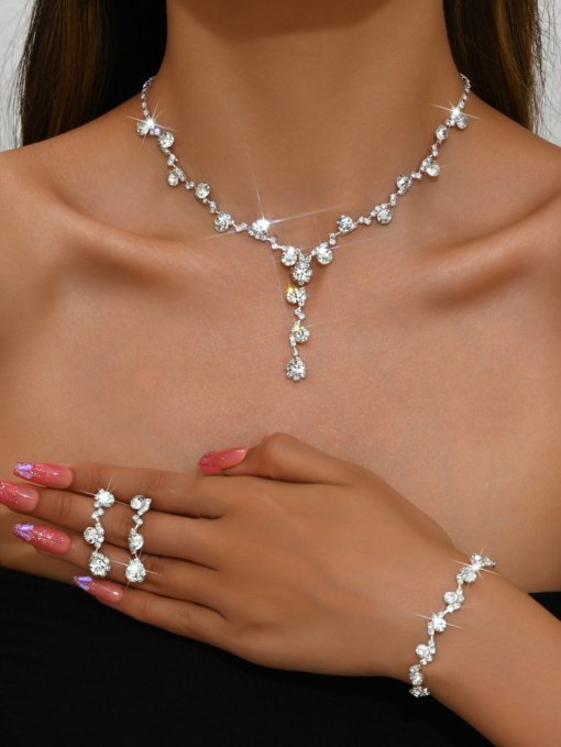 2024 cross-border fashion crystal rhinestone necklace ear stud bracelet ring jewelry wedding decoration all-match bride suit - 图片 13