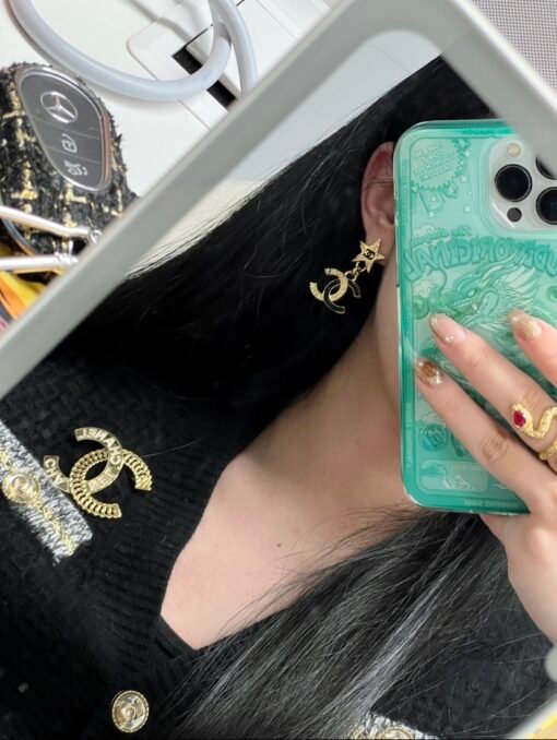 Chanel new style, medieval lava series, five-pointed star, black and gold high-end color matching, double C pendant, earrings - Image 6