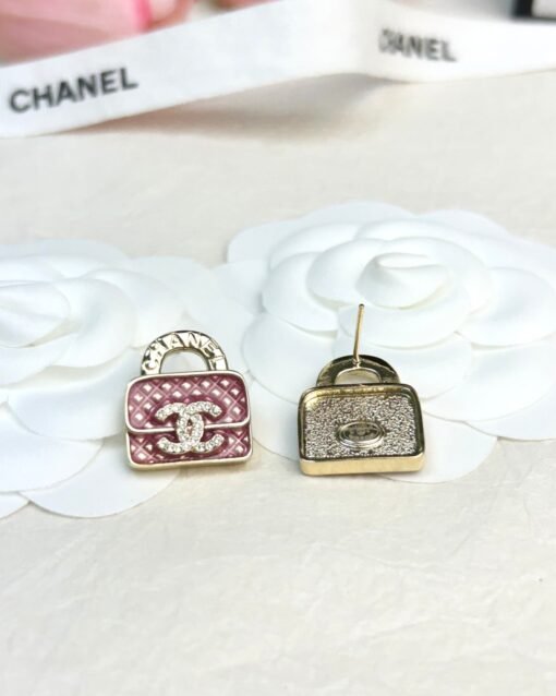 Chanel Pink enamel Diamond pattern Bag earrings - Image 6