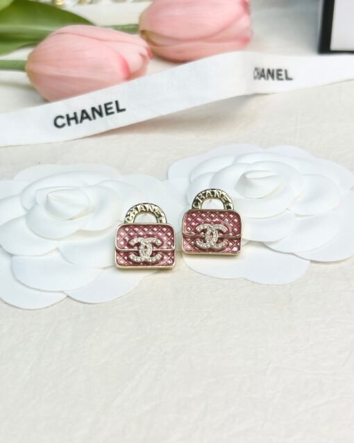 Chanel Pink enamel Diamond pattern Bag earrings - Image 2