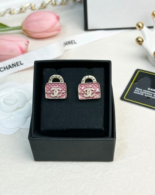 Chanel Pink enamel Diamond pattern Bag earrings - Image 5