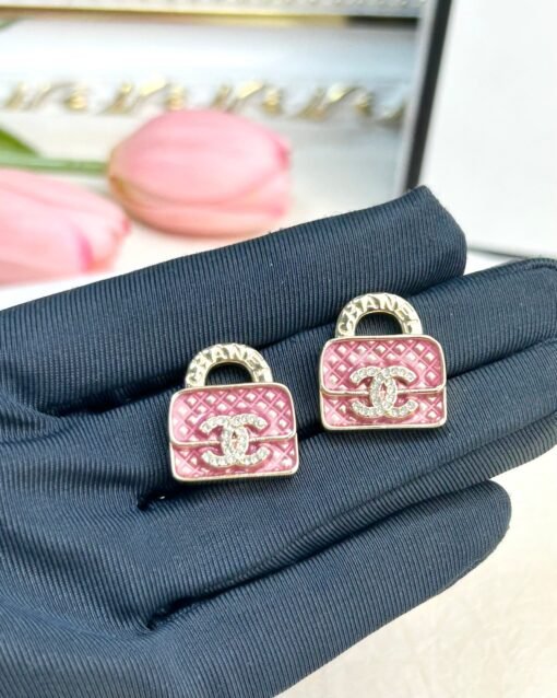 Chanel Pink enamel Diamond pattern Bag earrings - Image 4