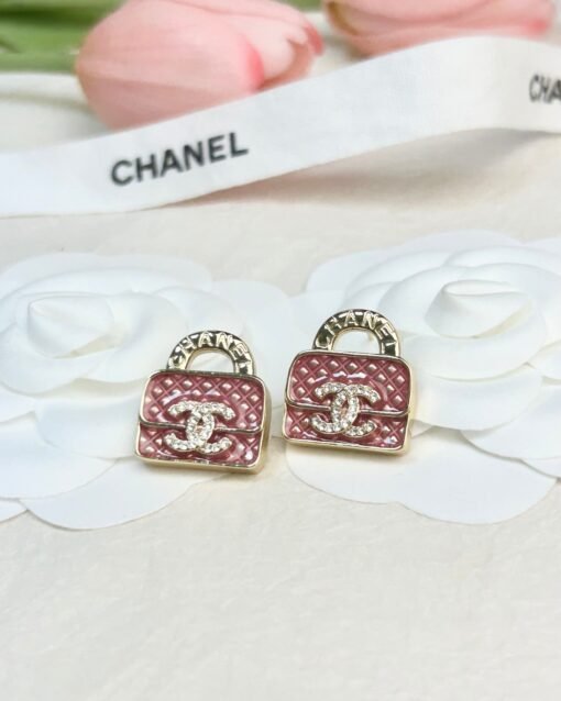 Chanel Pink enamel Diamond pattern Bag earrings - Image 3