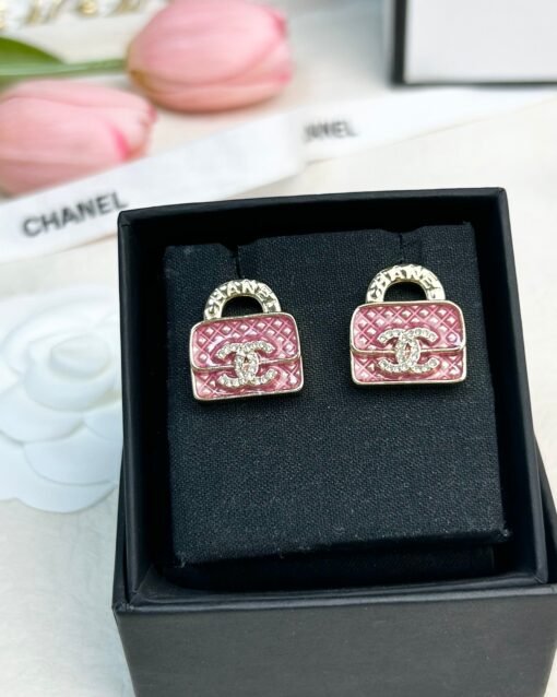 Chanel Pink enamel Diamond pattern Bag earrings