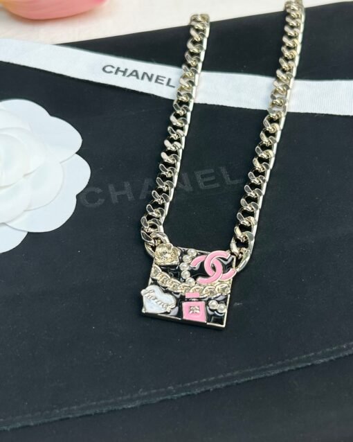 Chanel new style black enamel multi-element perfume bottle double c square pendant necklace - Image 9