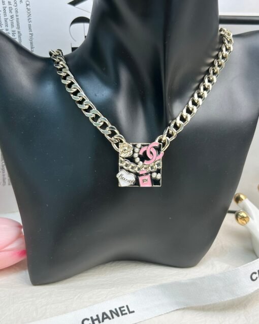 Chanel new style black enamel multi-element perfume bottle double c square pendant necklace - Image 7