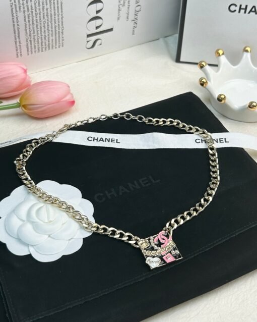 Chanel new style black enamel multi-element perfume bottle double c square pendant necklace - Image 8