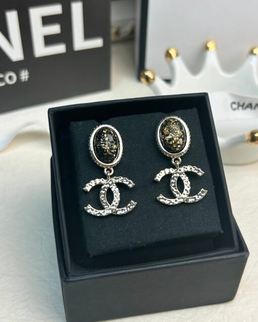 Chanel new black oval lava double c earrings