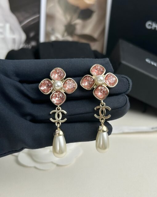 anel new pink zircon four-leaf clover pearl pendant earrings - Image 3