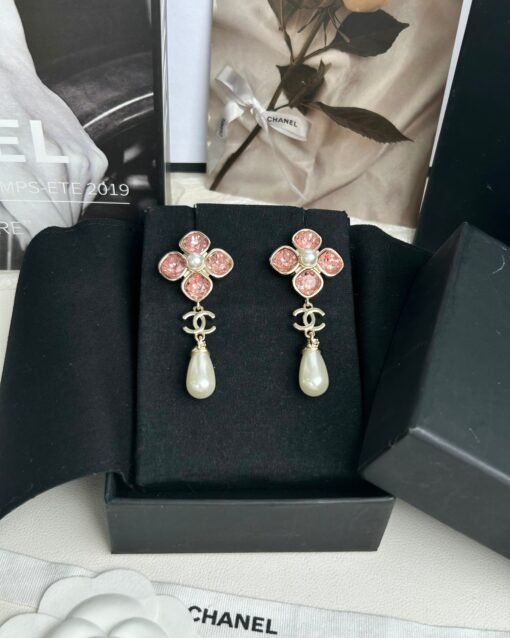 anel new pink zircon four-leaf clover pearl pendant earrings