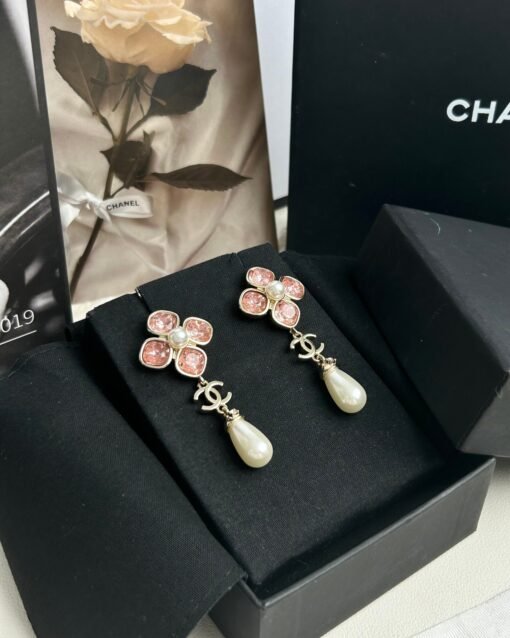 anel new pink zircon four-leaf clover pearl pendant earrings - Image 2