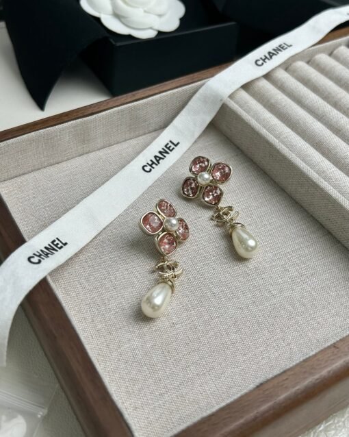 anel new pink zircon four-leaf clover pearl pendant earrings - Image 8
