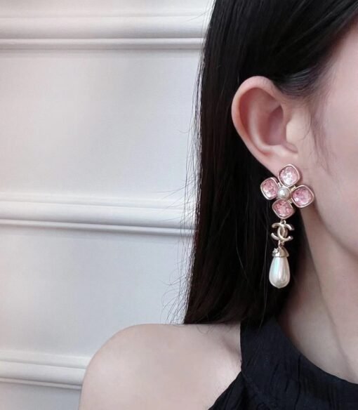 anel new pink zircon four-leaf clover pearl pendant earrings - Image 6