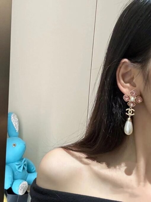 anel new pink zircon four-leaf clover pearl pendant earrings - Image 4