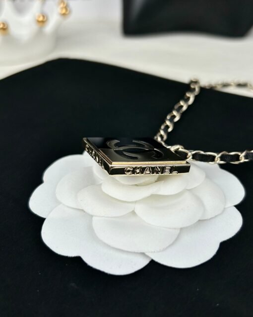 Chanel new black leather black spliced ​​square three-dimensional letter necklace - Image 3