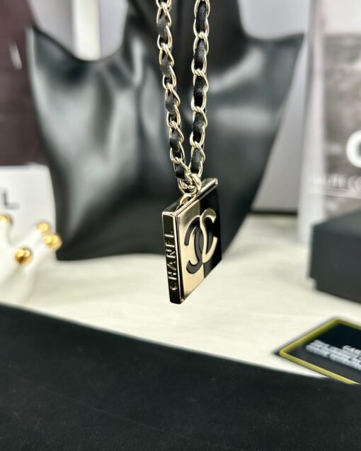 Chanel new black leather black spliced ​​square three-dimensional letter necklace - Image 5