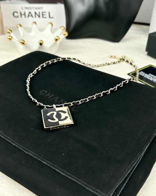 Chanel new black leather black spliced ​​square three-dimensional letter necklace - Image 4