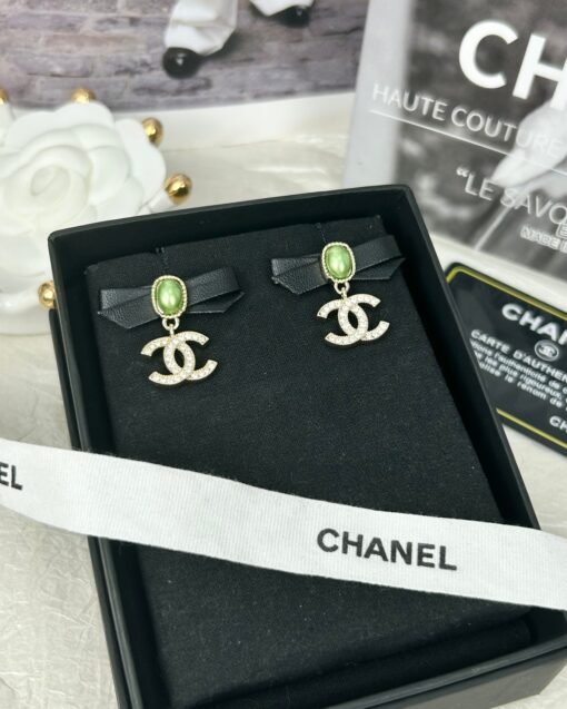 Chanel new style black leather bow green pearl double c diamond earrings - Image 2