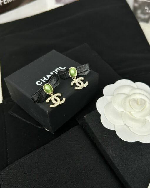 Chanel new style black leather bow green pearl double c diamond earrings - Image 8