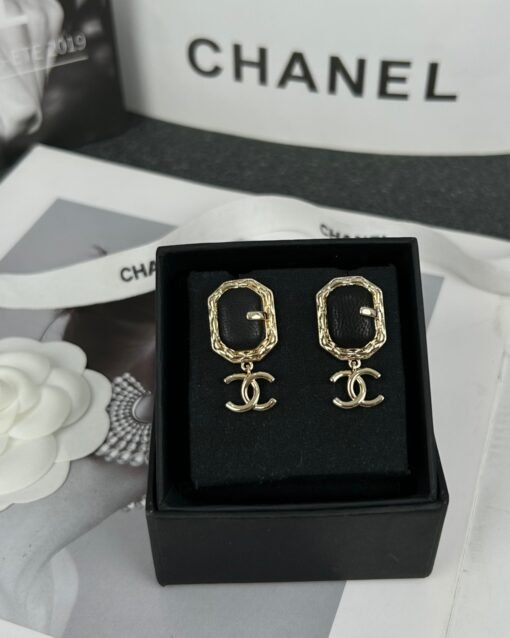 Chanel new style geometric small rectangular black leather glossy double C earrings