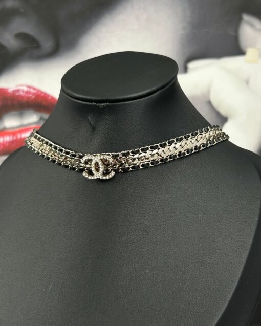 Chanel new style black leather snake bone chain double c full diamond necklace - Image 6