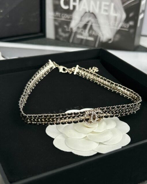 Chanel new style black leather snake bone chain double c full diamond necklace - Image 3