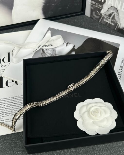 Chanel new style black leather snake bone chain double c full diamond necklace - Image 4