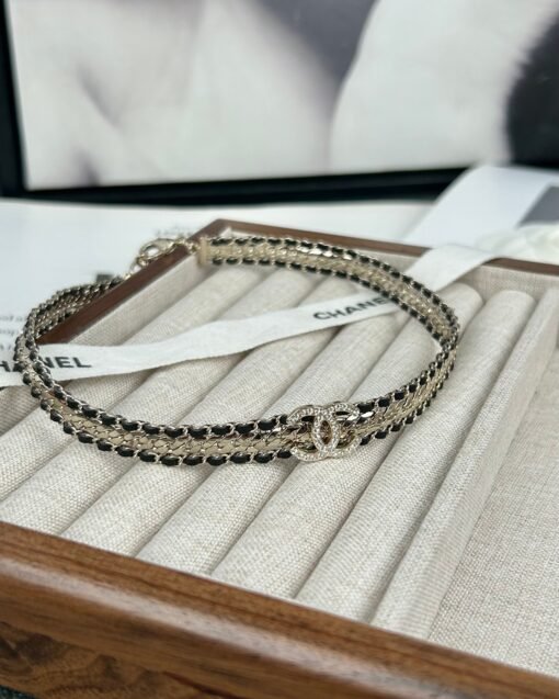 Chanel new style black leather snake bone chain double c full diamond necklace