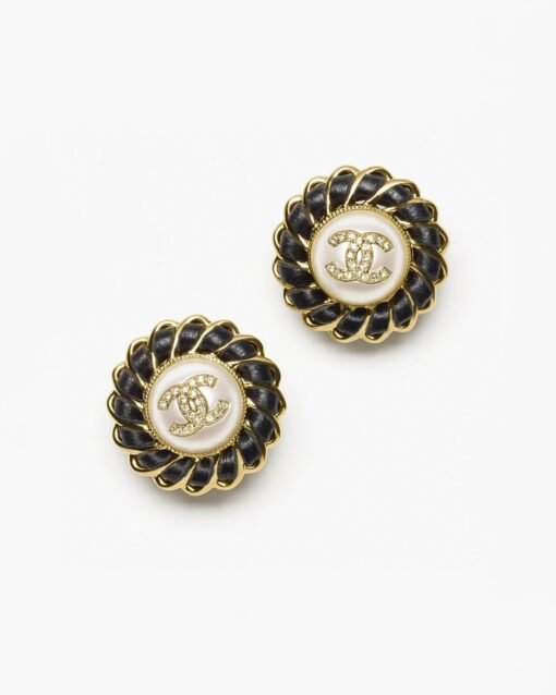 Chanel new style black leather rhinestone round earrings