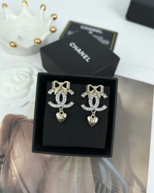 Chanel new style gold bow silver double c full diamond earrings - Image 5
