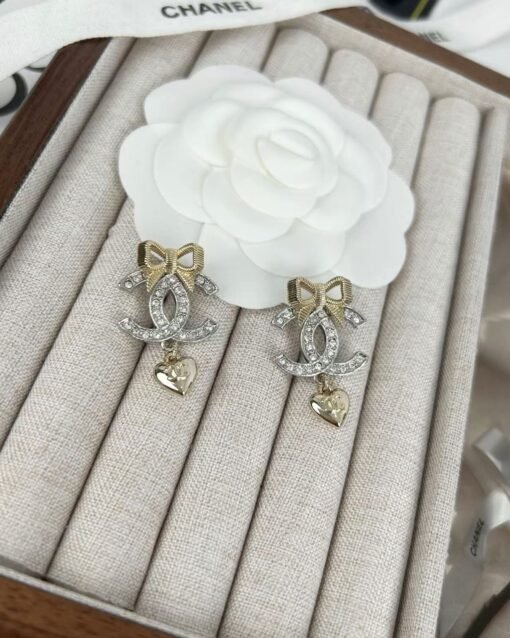 Chanel new style gold bow silver double c full diamond earrings - Image 6