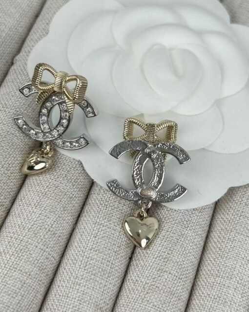 Chanel new style gold bow silver double c full diamond earrings - Image 7
