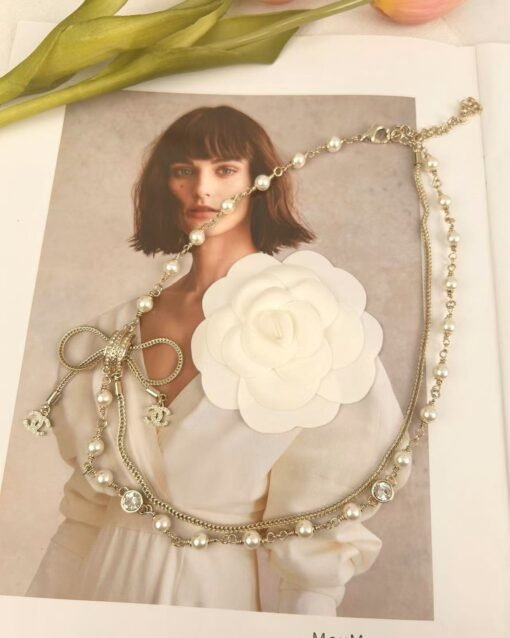 Chanel new style bow double-layer pearl braided chain double c necklace - Image 7