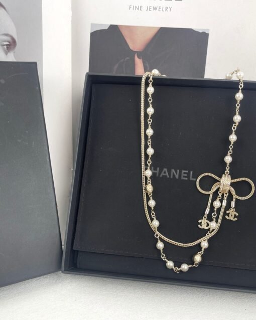 Chanel new style bow double-layer pearl braided chain double c necklace - Image 8