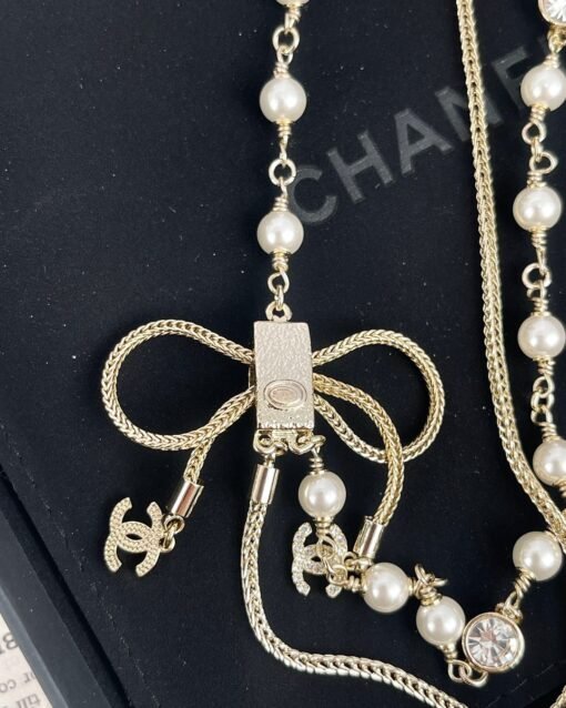 Chanel new style bow double-layer pearl braided chain double c necklace - Image 9