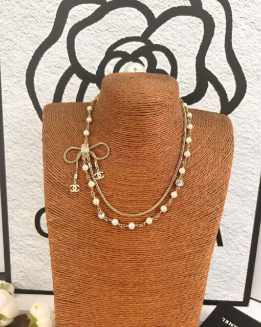Chanel new style bow double-layer pearl braided chain double c necklace - Image 6