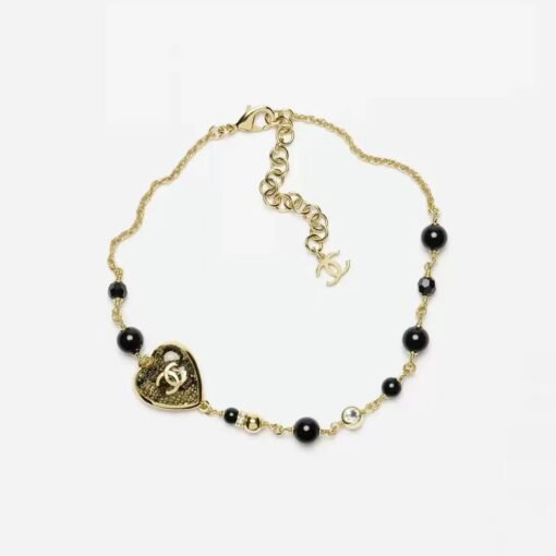 Chanel new style retro gold black peach heart resin fine glitter pearl rhinestone necklace