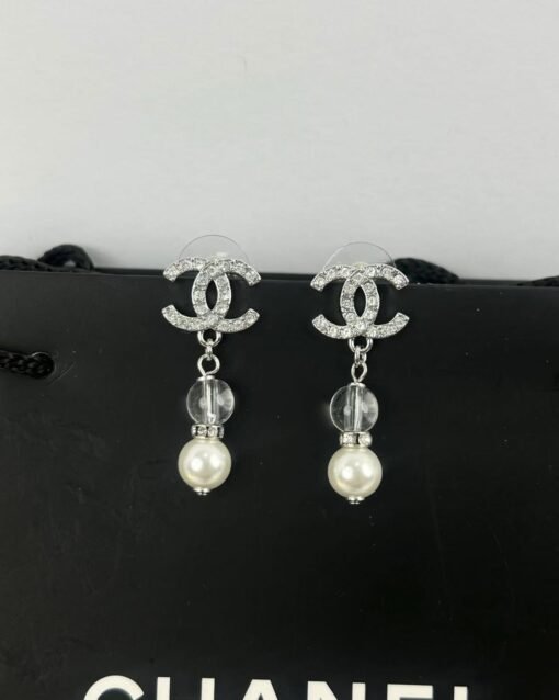 Chanel new style silver double c full diamond transparent pearl pendant earrings