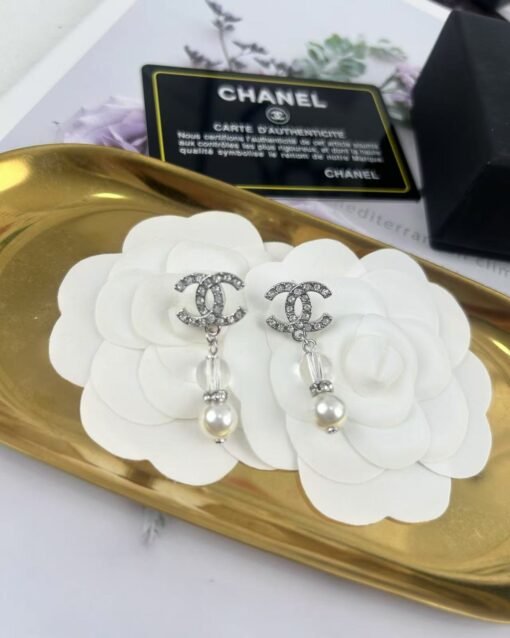 Chanel new style silver double c full diamond transparent pearl pendant earrings - 图片 5