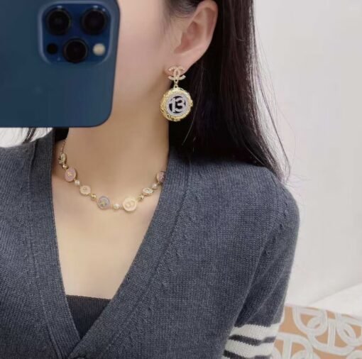 Chanel new style gold diamond round silver number 1full diamond hollow pendant large earrings - Image 2