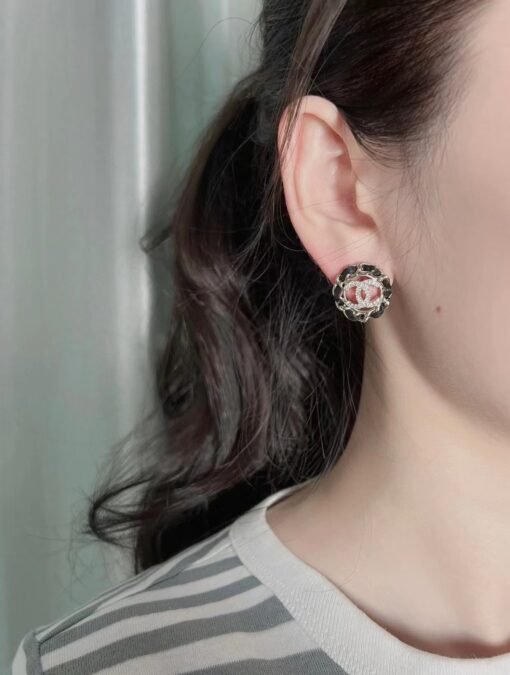 Chanel  leather round hollow diamond cc earrings - Image 5