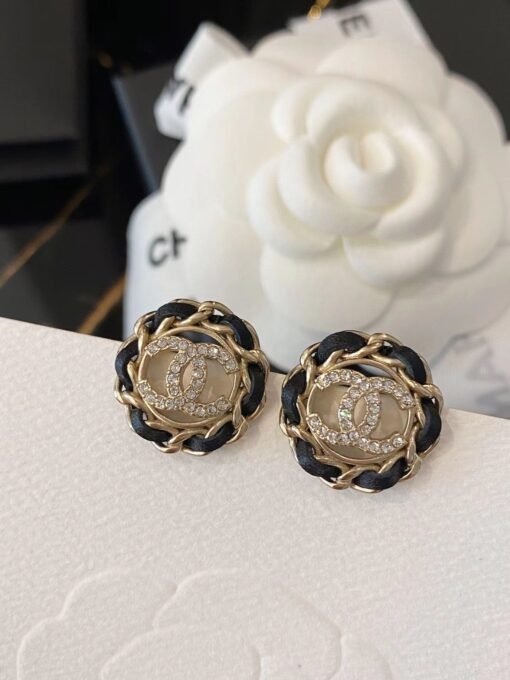 Chanel  leather round hollow diamond cc earrings - Image 3