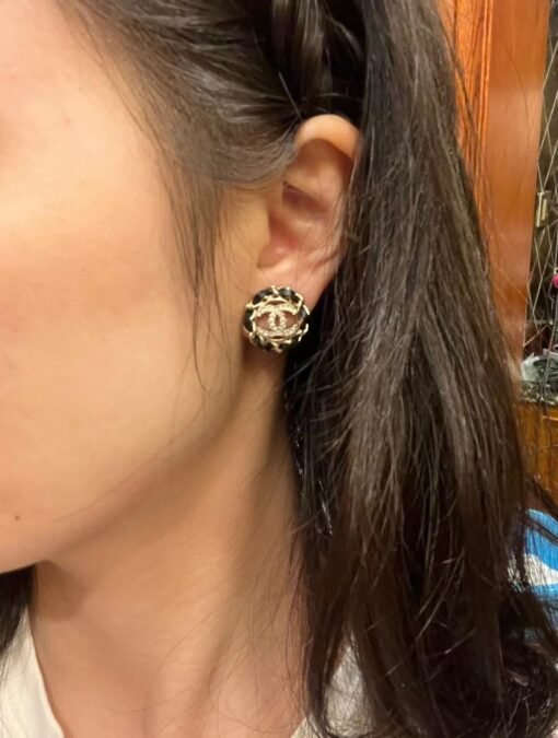 Chanel  leather round hollow diamond cc earrings - Image 6