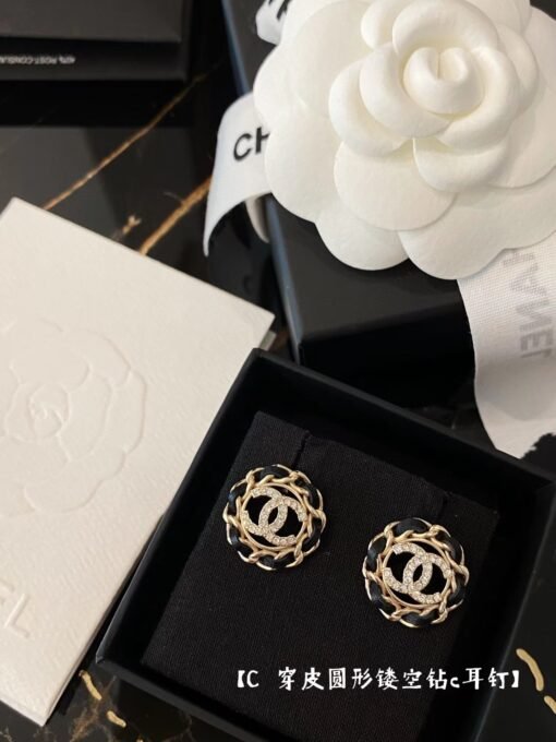 Chanel  leather round hollow diamond cc earrings - Image 2