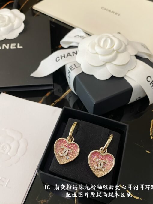 Chanel  Gradient Pink Diamond Pearl Glaze Double-Side Love Ear Hook Earrings - Image 2