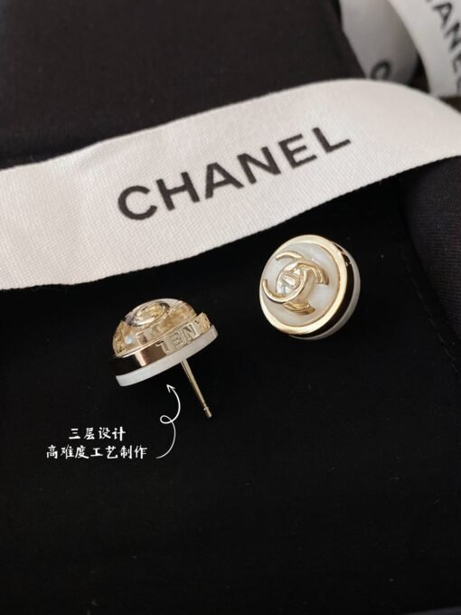 Chanel  semi-transparent acrylic three-layer metal double C button three-dimensional ball earrings】, - Image 5