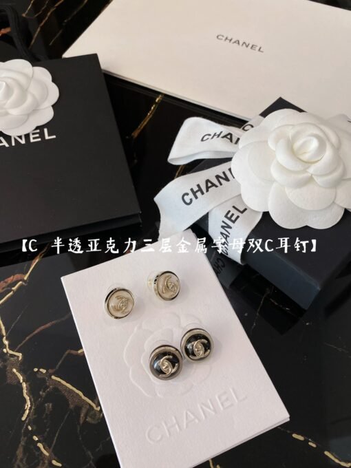 Chanel  semi-transparent acrylic three-layer metal double C button three-dimensional ball earrings】,
