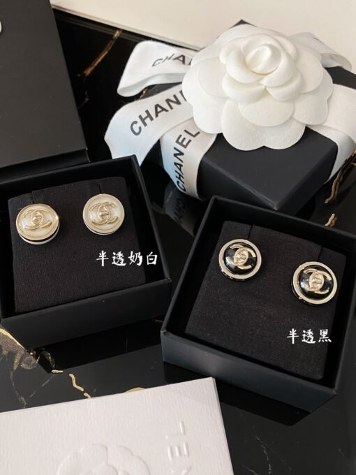 Chanel  semi-transparent acrylic three-layer metal double C button three-dimensional ball earrings】, - Image 2