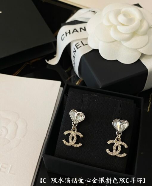 Chanel  Double Water Drop Love Gold and Silver Color Bundle Double C Earrings, - Image 2